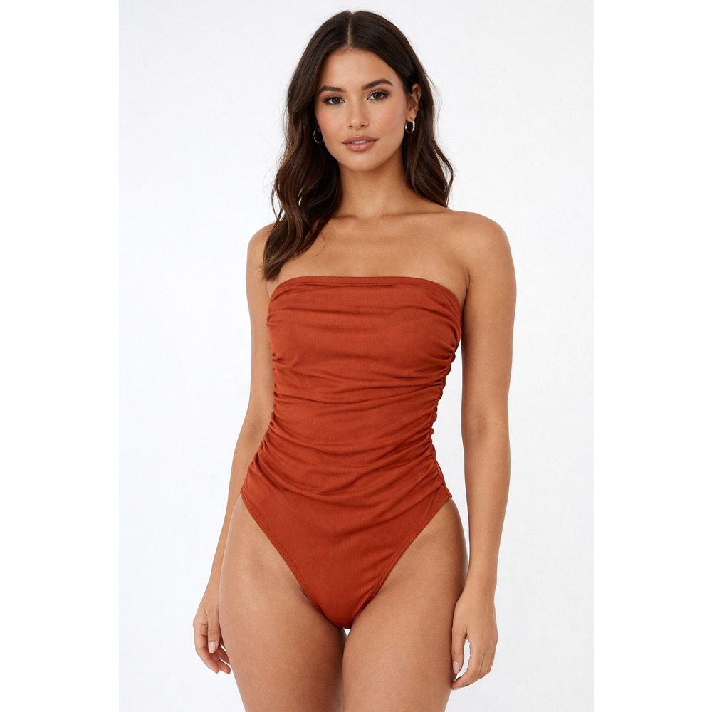 Shade & Shore Shirred One-Piece Swimsuit Strapless Rust Color Ribbed XS 0/2